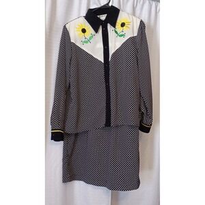 Vtg Joyce Two Piece Black White Polka Dot Blouse and Skirt Set Womens Sz 10/14?